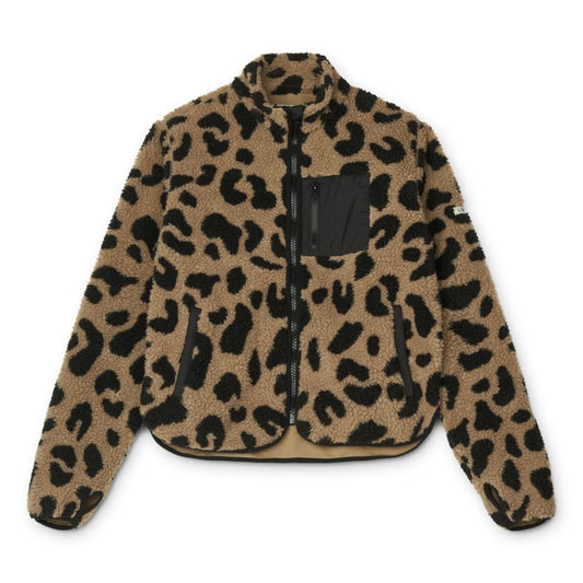 Gemütliche Nelson Pile Jacket in Mega Leo Oat Mix, braun-schwarzer Leopard-Fleece mit Stehkragen