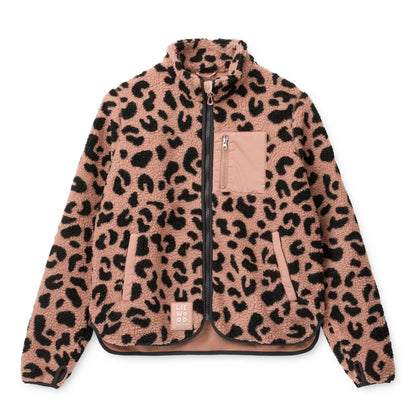 Nelson adult pile jacket in pink and black leopard fleece with peach front pocket zipper and trim