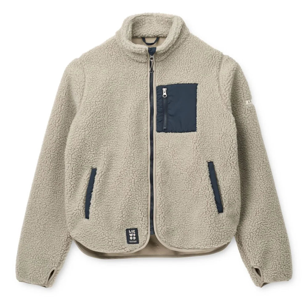 Beige Sherpa-Fleece-Jacke Nelson Adult Pile Mist mit blauen Reißverschluss-Akzenten