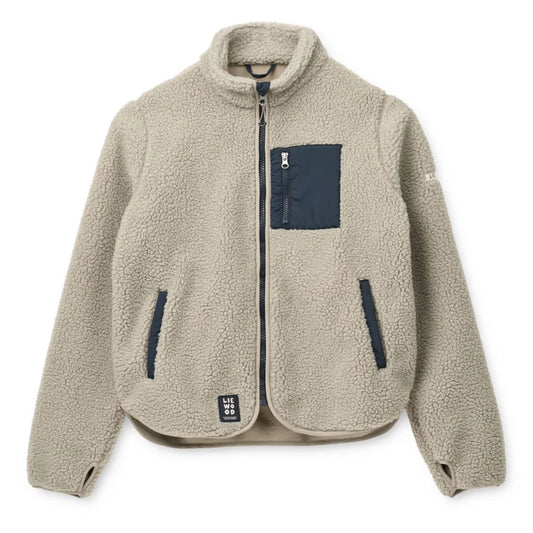 Beige Sherpa-Fleece-Jacke Nelson Adult Pile Mist mit blauen Reißverschluss-Akzenten