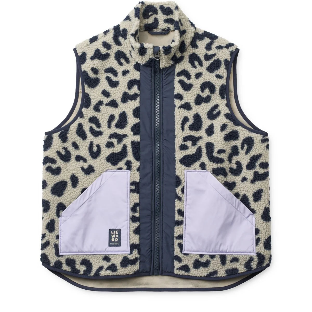 Nilu adult pile vest in cream fleece with black leopard print and navy blue zipper and trim for warmth and style