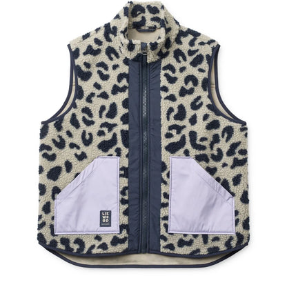 Nilu adult pile vest in cream fleece with black leopard print and navy blue zipper and trim for warmth and style