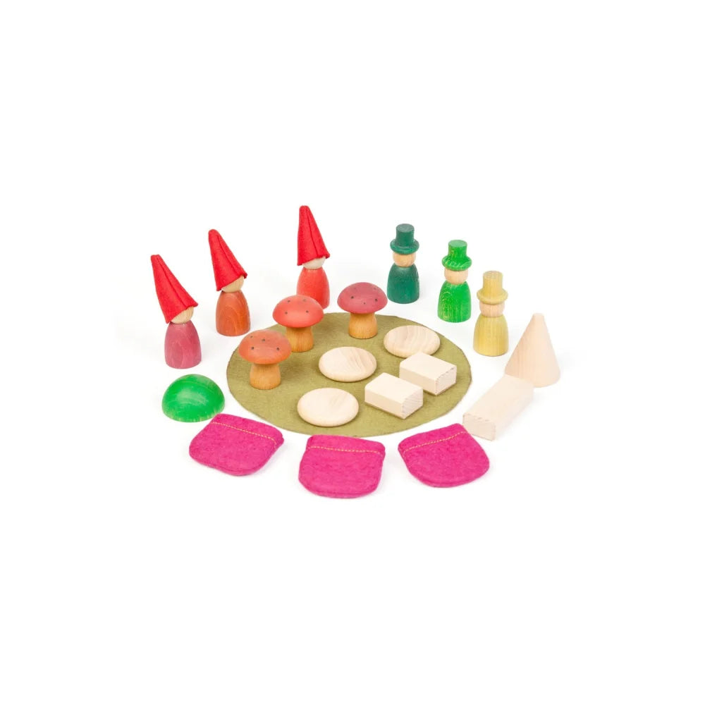 Holz-Gnomen-Spielset Nins of the Forest mit bunten Hüten und Pilzen