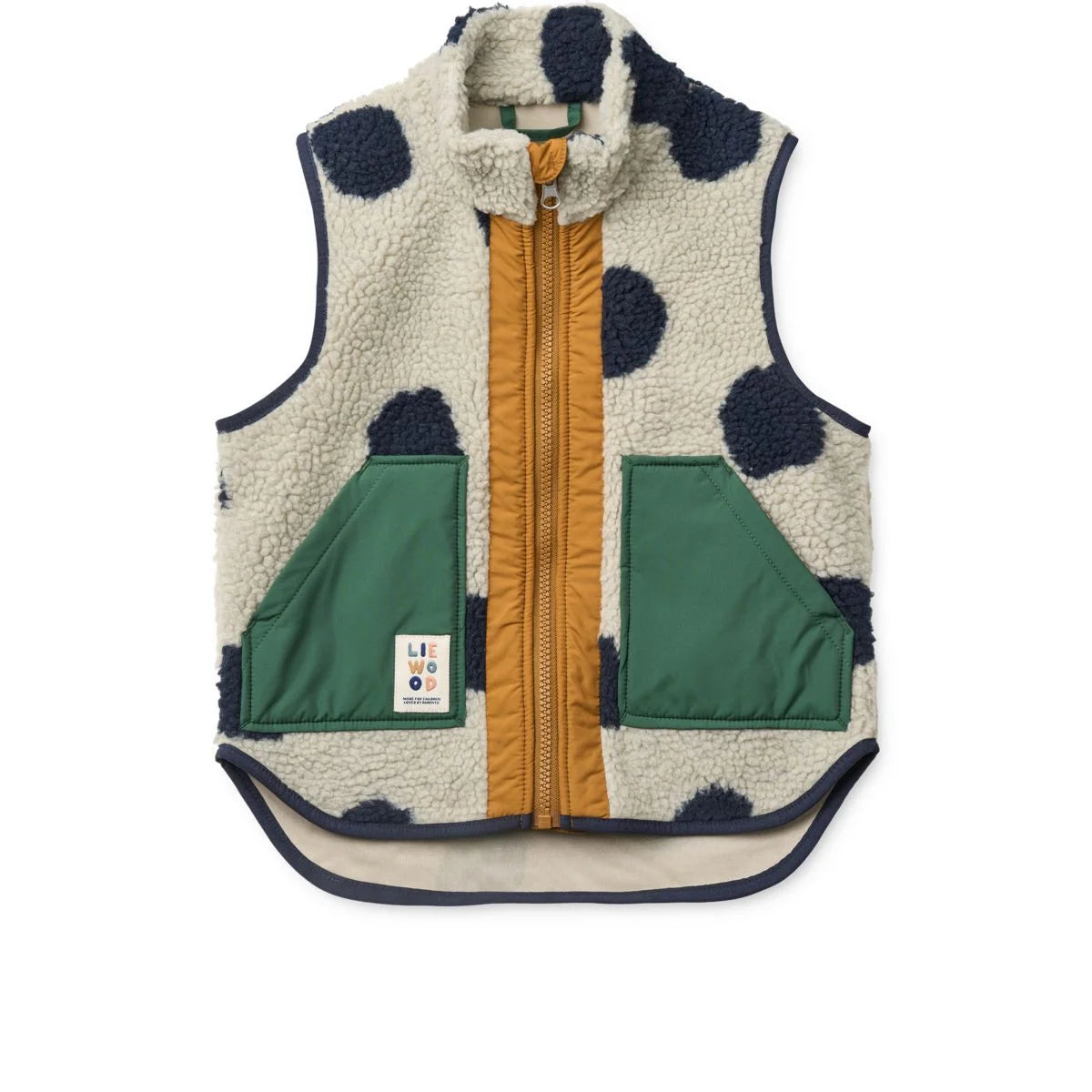 Noam pile vest in cremiger fleece mit marineblauen punkten grunen aufsatztaschen und senfgelbem reissverschluss