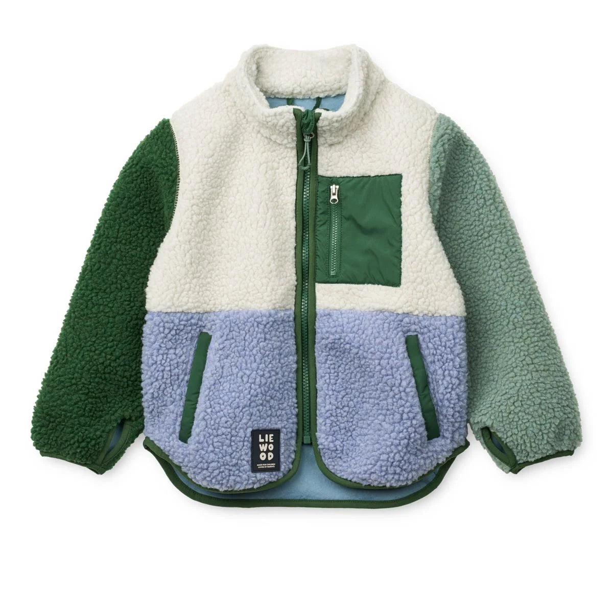 Gemütliche Nolan Fleecejacke in dusty lavender multi mix mit cremefarbenem Oberteil, grünen Ärmeln und lavendelfarbenem Unterteil