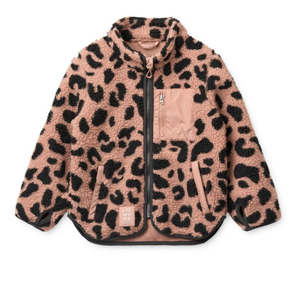 Nolan fleecejacke in rosa und schwarz leopard print mit kontrastierender beiger tasche und reißverschluss aus fleece