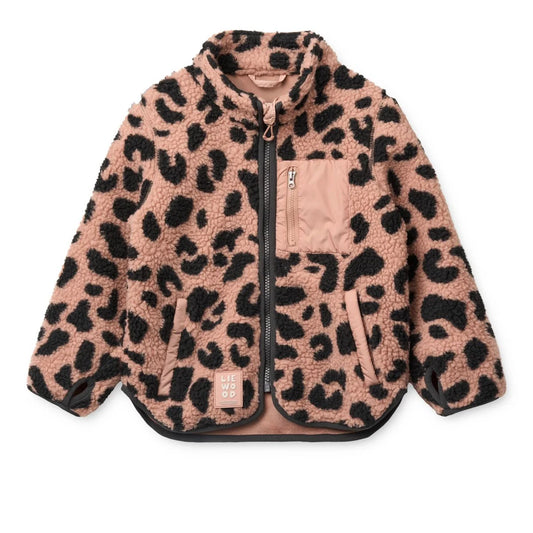 Nolan fleecejacke in rosa und schwarz leopard print mit kontrastierender beiger tasche und reißverschluss aus fleece