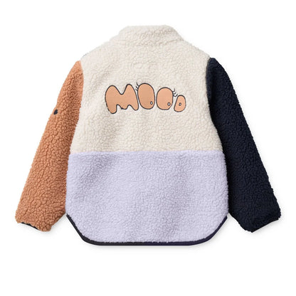 Nolan fleecejacke mood multi mix mit farbblockierter fleecejacke in creme mit cartoon mood schrift und kontrastfarbenen ärmeln