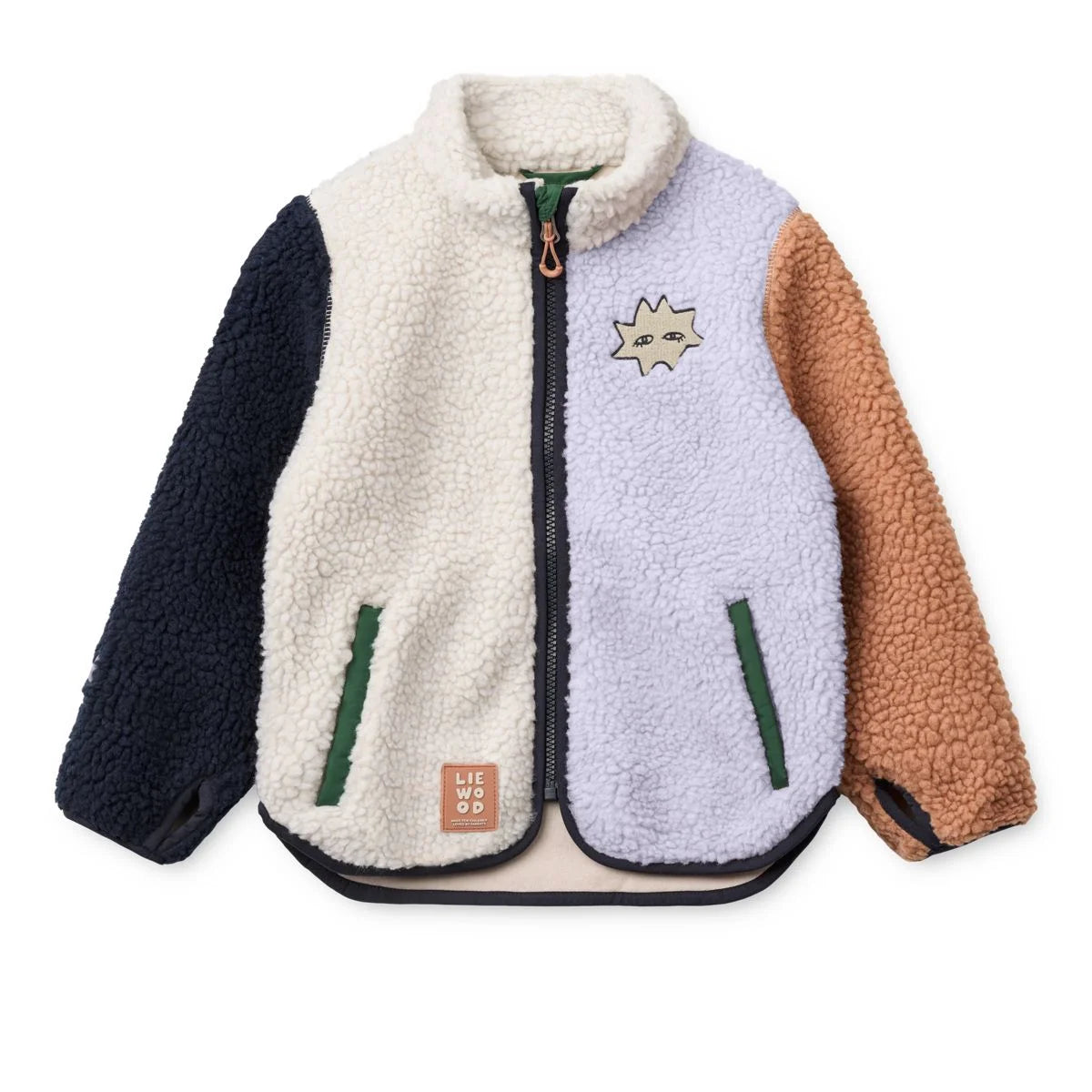 Cozy nolan fleecejacke mit cremefarbenem körper und navyblauen sowie tanfarbenen ärmeln aus fleece
