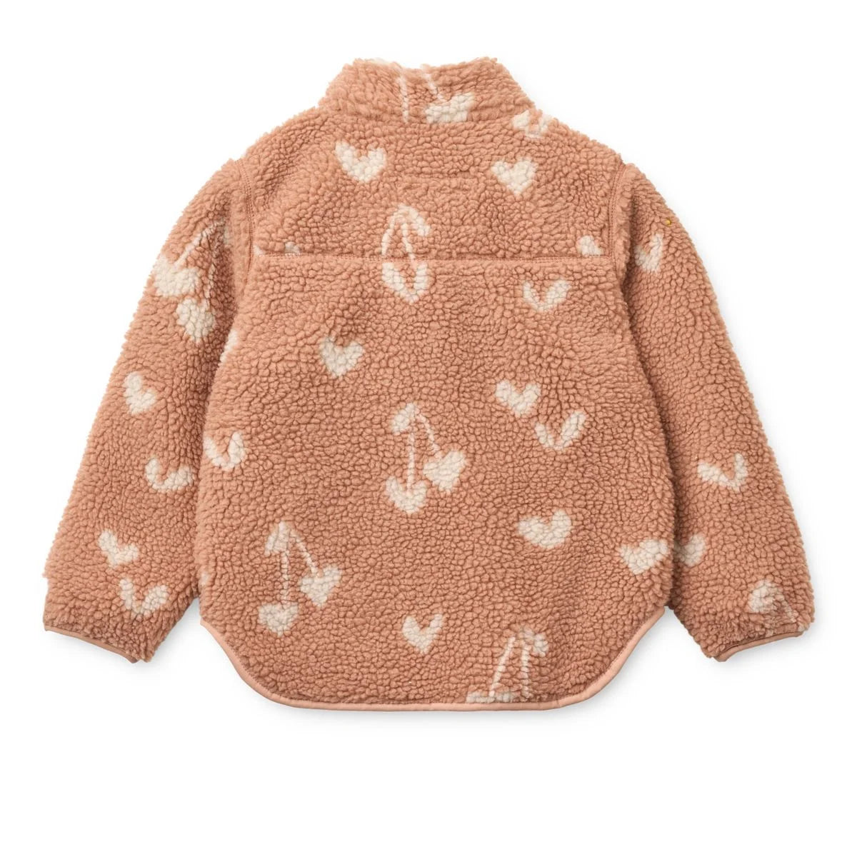 Gemütliche Nolan Fleecejacke Sweethearts Pale Tuscany in Rost mit Kirsch- und Herz-Motiven