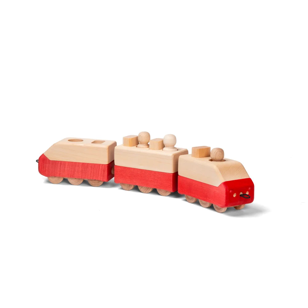 ÖFFI Rot Dreiteiliger Zug mit Passagieren und Gepäck, Holzspielzeug