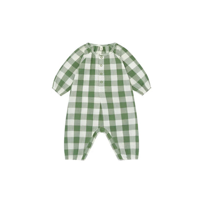 Baby Onesie Wheat Dill Gingham: grün-weiß Karo Romper mit Rüschenkragen