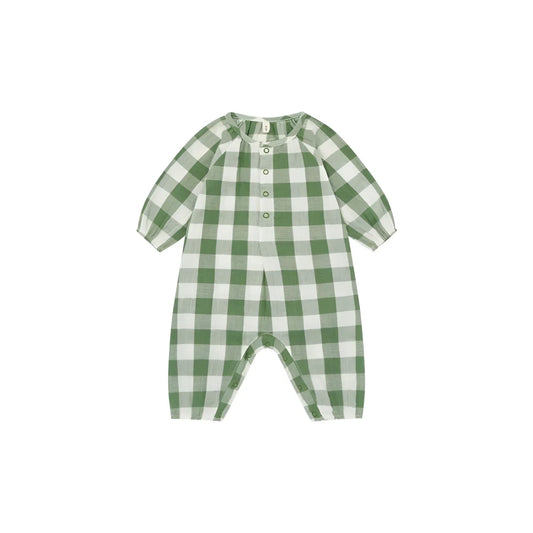 Baby Onesie Wheat Dill Gingham: grün-weiß Karo Romper mit Rüschenkragen