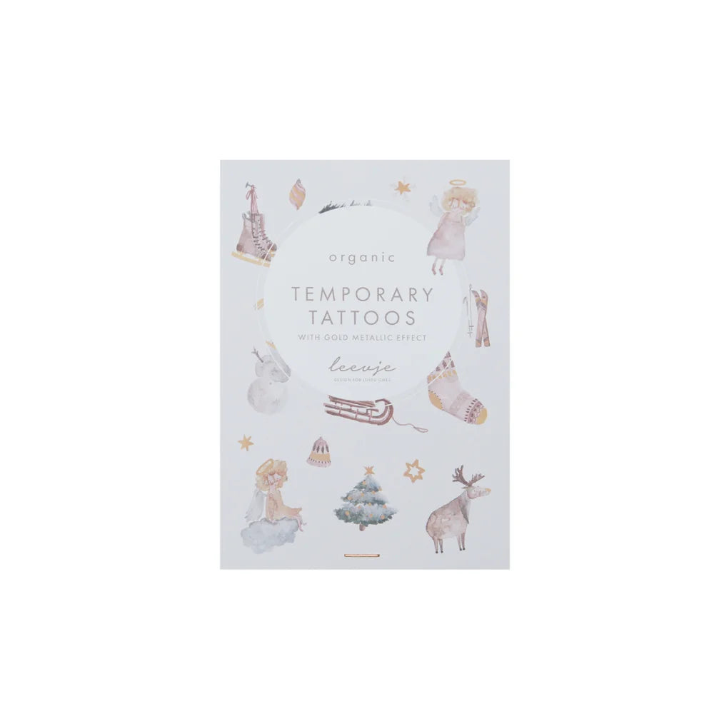 Organische temporäre Tattoos mit winterlichen Designs und Goldfolie für Weihnachten