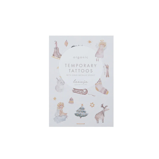 Organische temporäre Tattoos mit winterlichen Designs und Goldfolie für Weihnachten