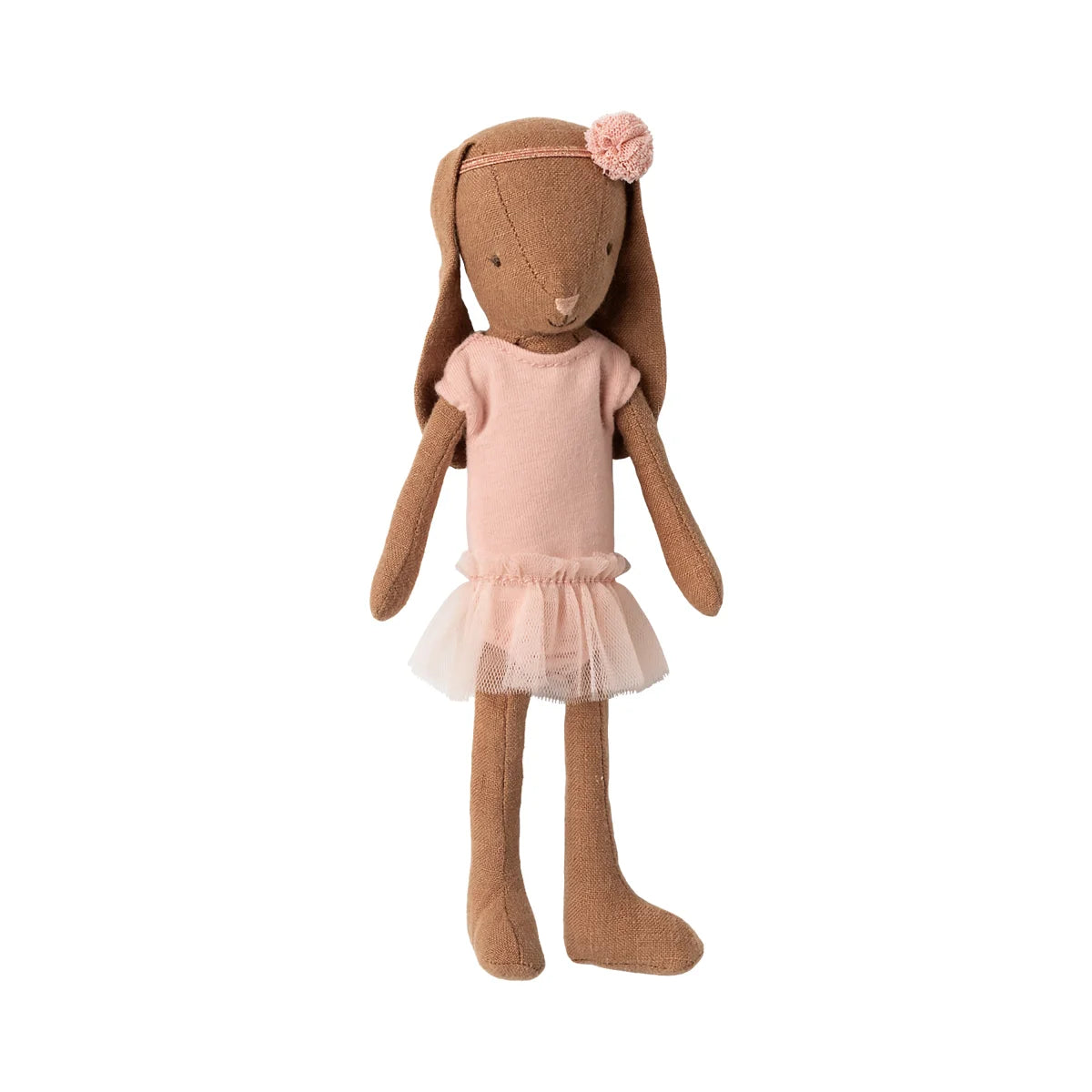 Weiches braunes Hasenpuppe in rosa Ballettröckchen und Blumenstirnband
