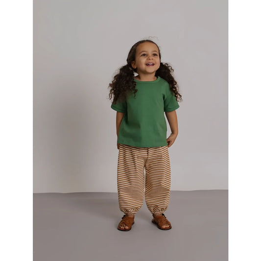 Kind trägt beige braune gestreifte copper stripes hose und grünes kurzärmeliges t-shirt