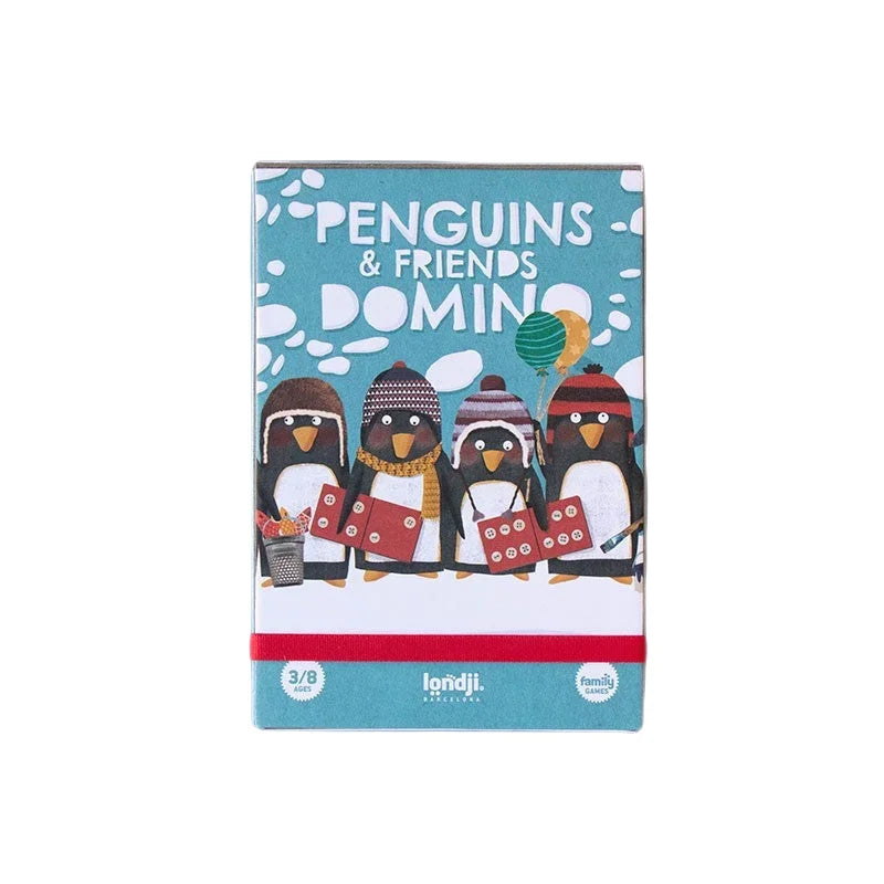 Box of Penguins and Friends Dominos game with cartoon penguins in winter attire