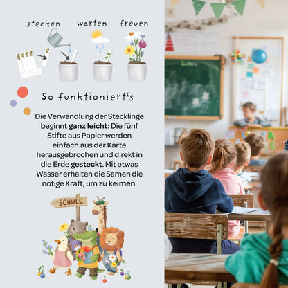Illustration eines pflanzkästchens mutblumen mit cartoon-tieren und deutscher erklärung zum aussäen von samen aus papierröllchen