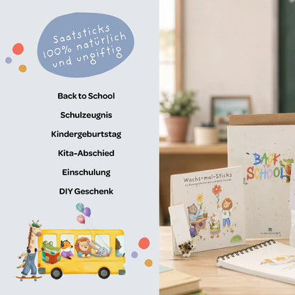 Ein charmant illustriertes kinderbuch wachs-mal-sticks in weißem hardcover mit bunten tier- und blumenmotiven für pflanzkästchen mutblumen
