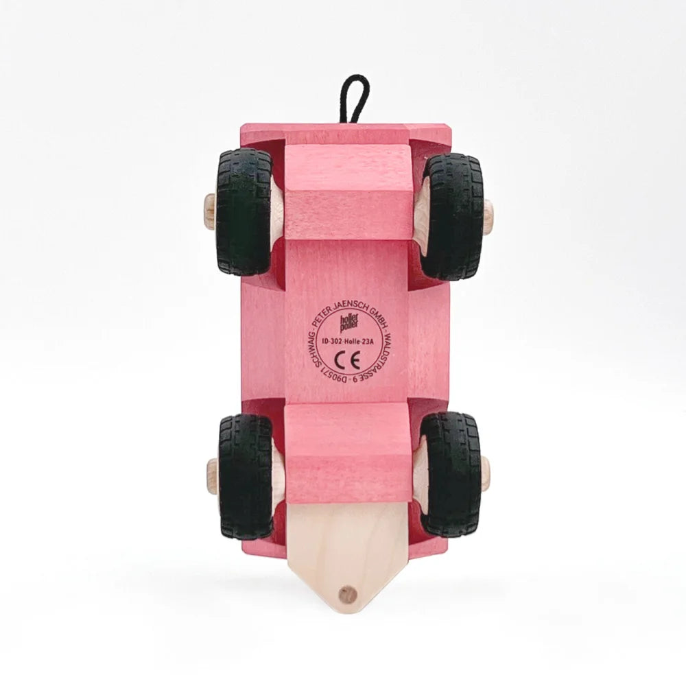 Pinkes Holzspielzeugauto mit schwarzen Rädern für Pickup HOLLE