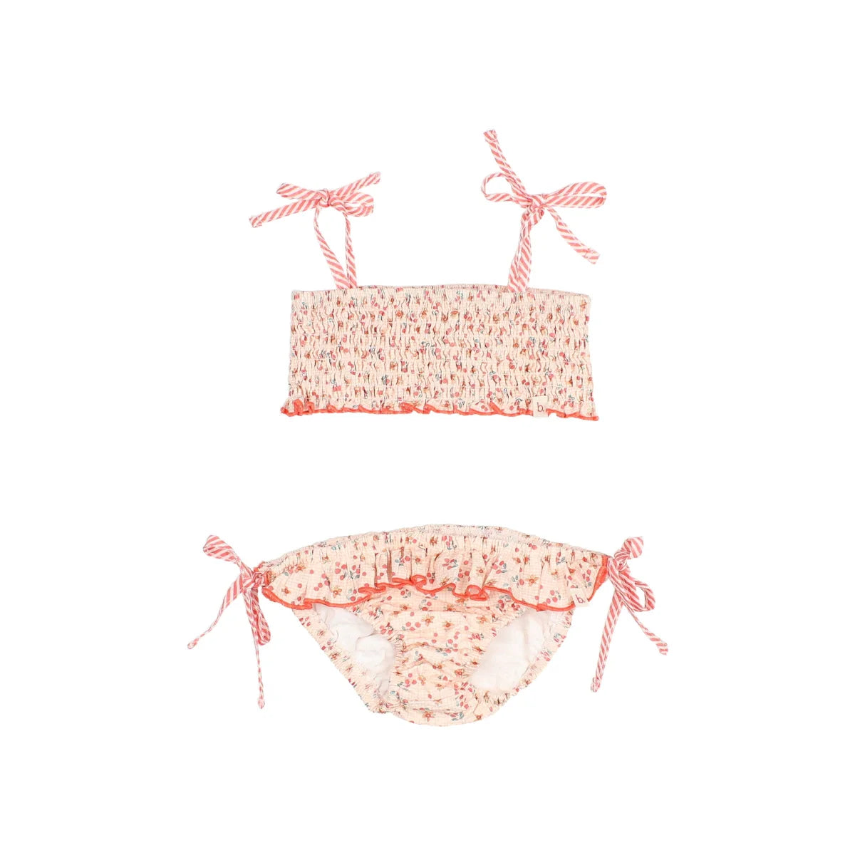 Zarte rosa Blumen-Bikini Picnic Coral mit Rüschen und Streifenbändern