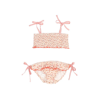 Zarte rosa Blumen-Bikini Picnic Coral mit Rüschen und Streifenbändern
