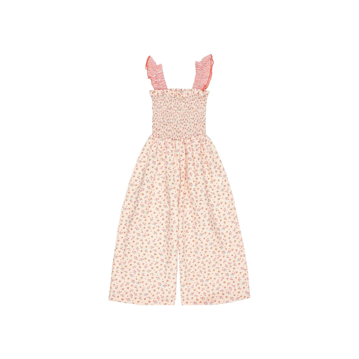 Búho Garden Picnic Jumpsuit Coral in zartem Pink mit Rüschen und Smocked Waist