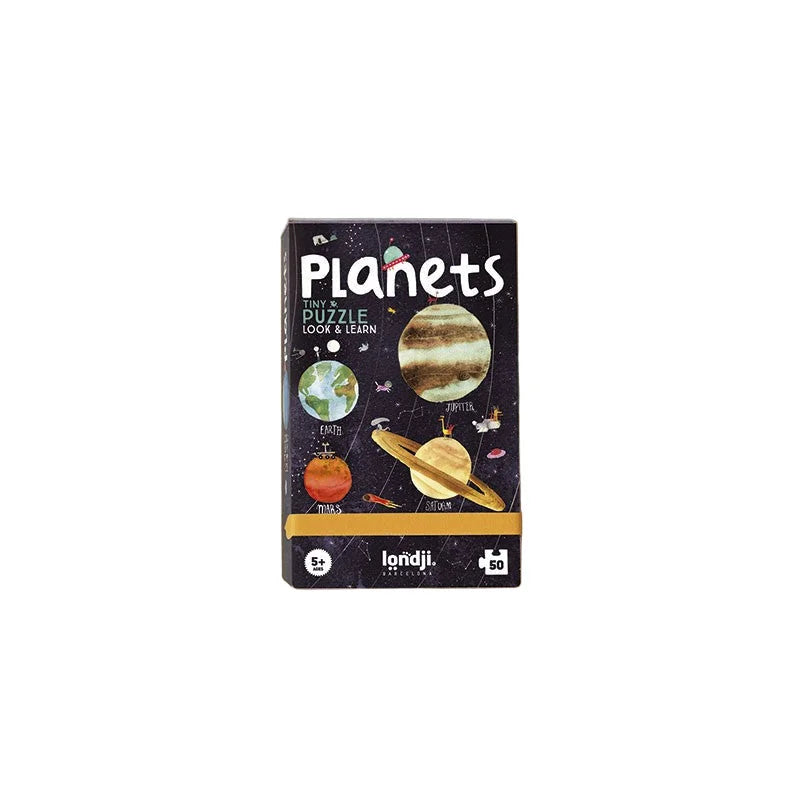 Planets Tiny Puzzle: schwarzer Kasten mit bunten Planeten und Londji-Text