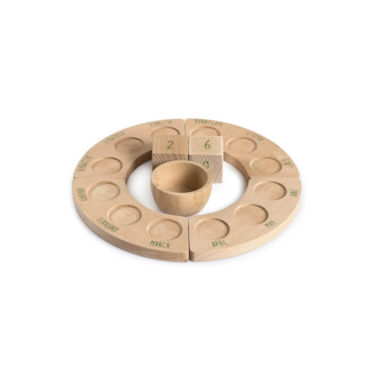 Holzener ewiger Kalender mit Plattformen, Würfeln und Schale in Kreismotiv