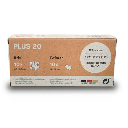 Beige Kartonbox für PLUS 20 Brix und Twister Bausatz aus Buchenholz