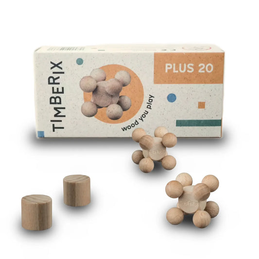 Timberix Plus 20: 20 Holzpuzzle-Teile mit natürlichem Holzfinish, sphärischen und zylindrischen Elementen