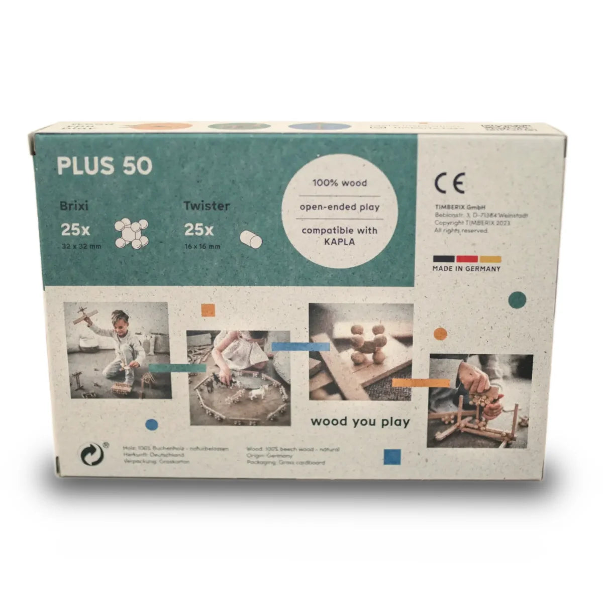 PLUS 50 Bauklötze-Set aus 100% deutschem Holz in türkis-weißem Karton