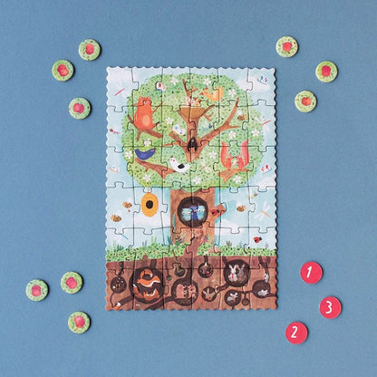 Bunter Kinderpuzzle Pommier Tiny Puzzle mit Tieren und Insekten am Baum