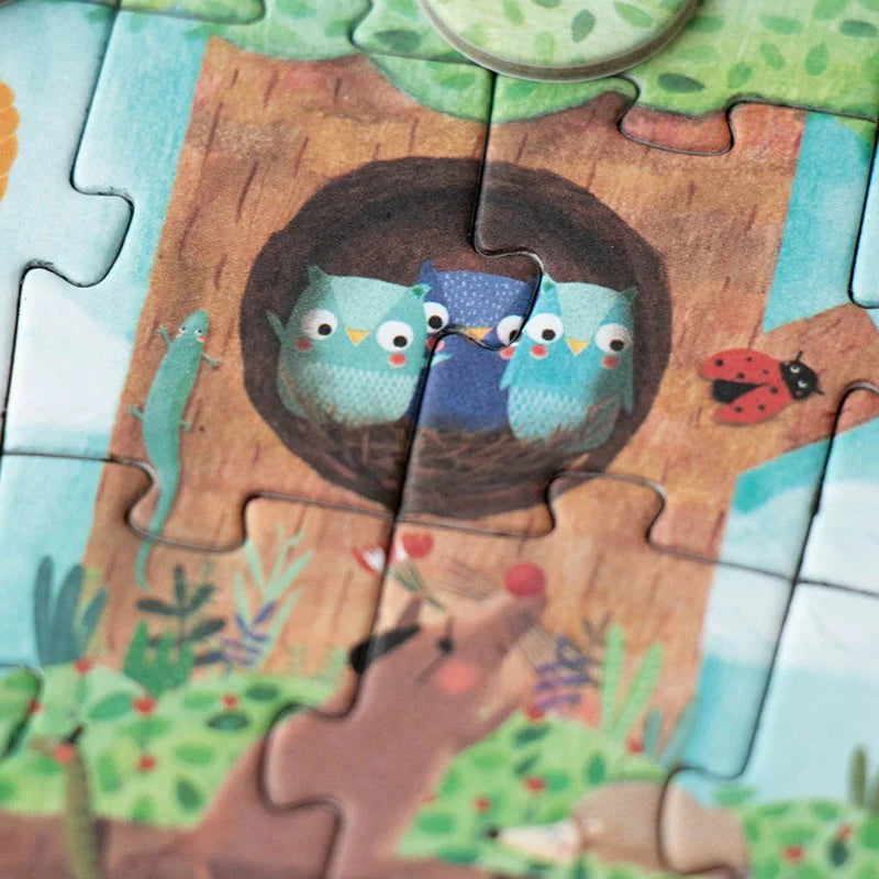 Bunte Kinderrätsel Pommier Tiny Puzzle mit drei Eulen im Baumhöhle