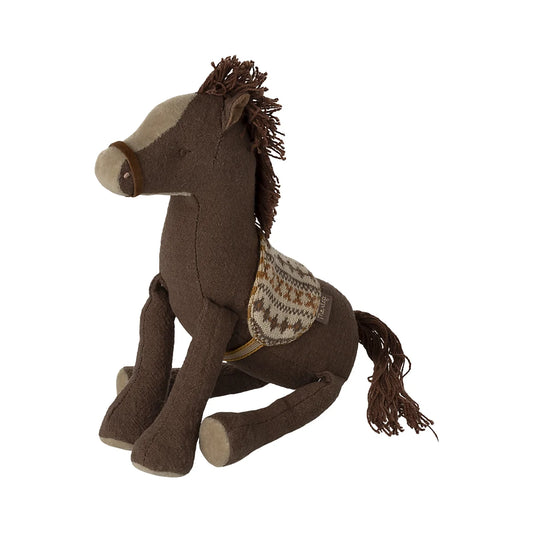 Kleines braunes Plüschpferd Pony Small mit cremefarbenem Maul und Mähne, gestricktem Sattels