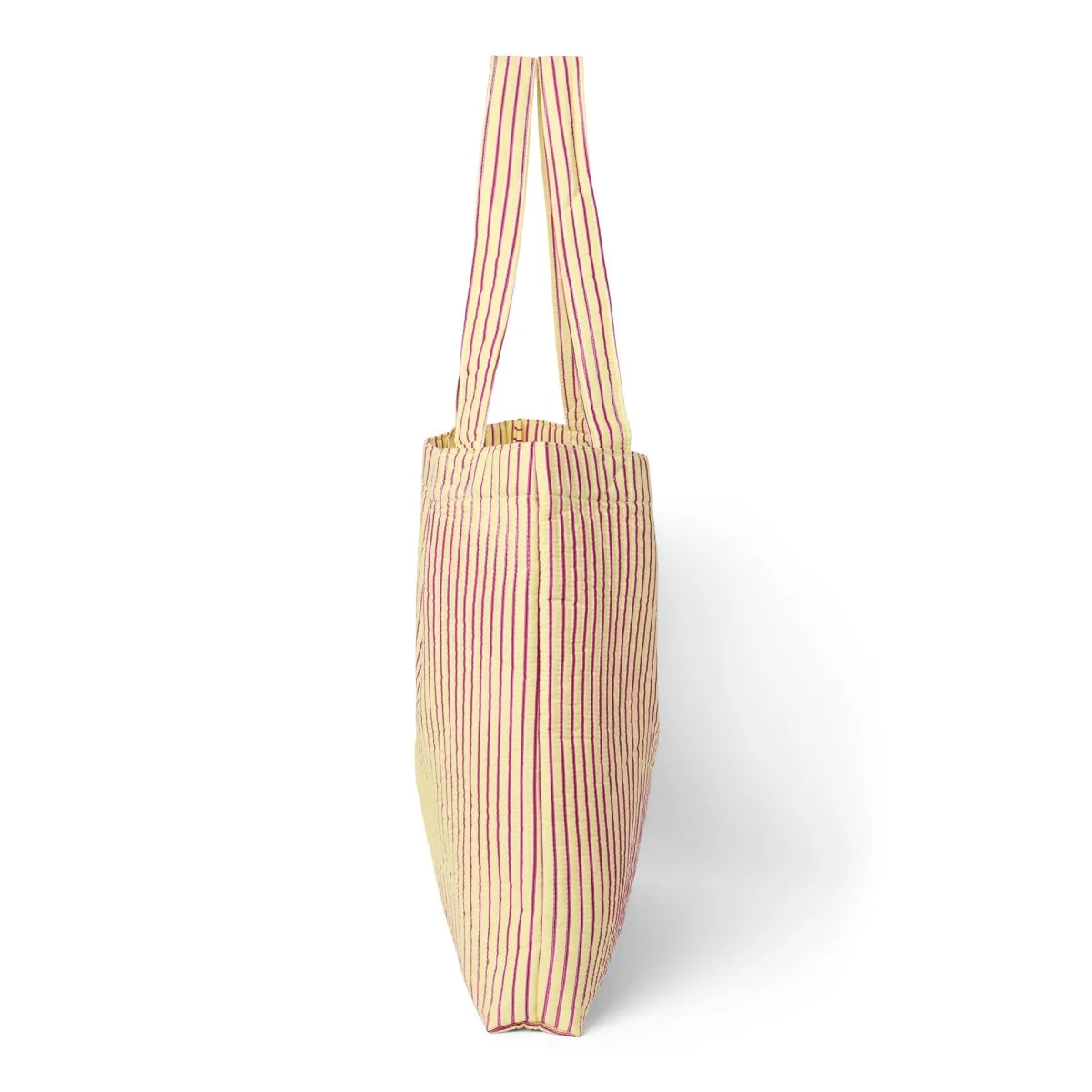 Beiger poplinn cotton striped mom bag mit dünnen roten streifen und buttergelben handles für ökologische baby- & kinderprodukte
