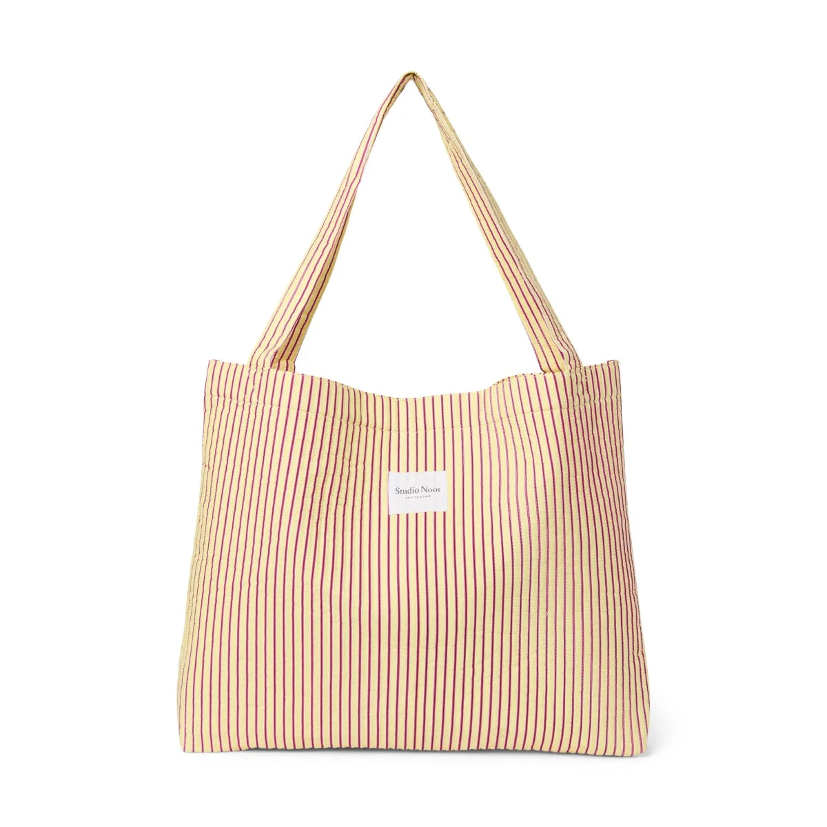 Beiger und weinroter gestreifter canvas-tote aus poplinn-baumwolle mit studio nana label für ökologische baby- & kinderprodukte