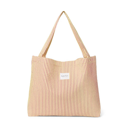 Beiger und weinroter gestreifter canvas-tote aus poplinn-baumwolle mit studio nana label für ökologische baby- & kinderprodukte
