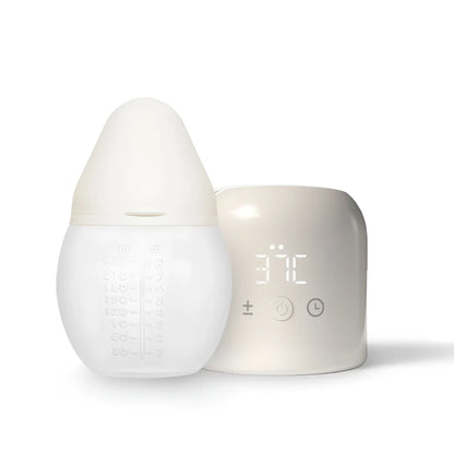 Weiße Babyflasche mit Skala und passendem Thermometer bei 37°C – TooGo 2.0