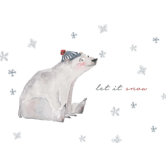 Wasserfarben-Postkarte Eisbär mit gestreifener Wintermütze und rotem Bommel