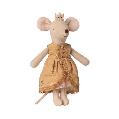 Prinzessin Maus Große Schwester: Beige Maus-Puppe in gelbem Blumenkleid mit Krone