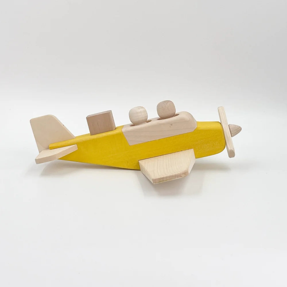 Gelbes und beiges Holzspielzeugflugzeug Propellerflugzeug BONNIE für Kinder