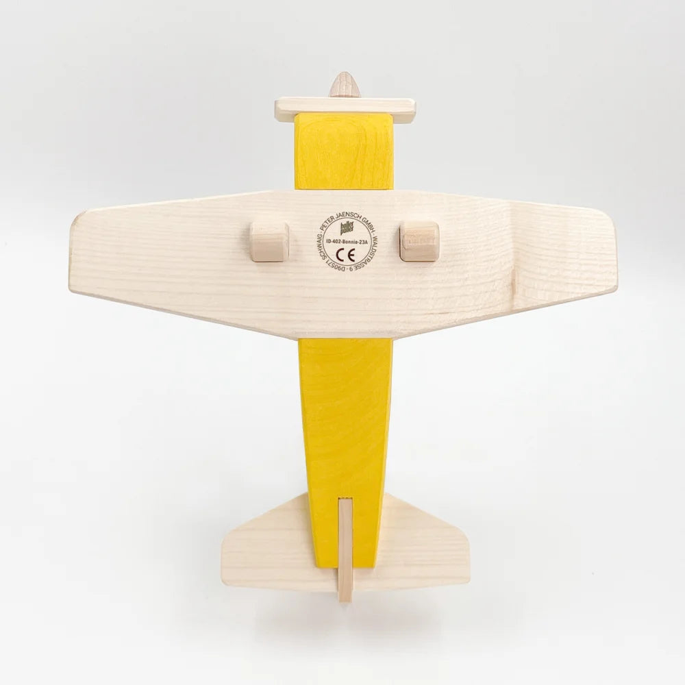Holzspielzeug Flugzeug mit gelben Akzenten, Propellerflugzeug BONNIE