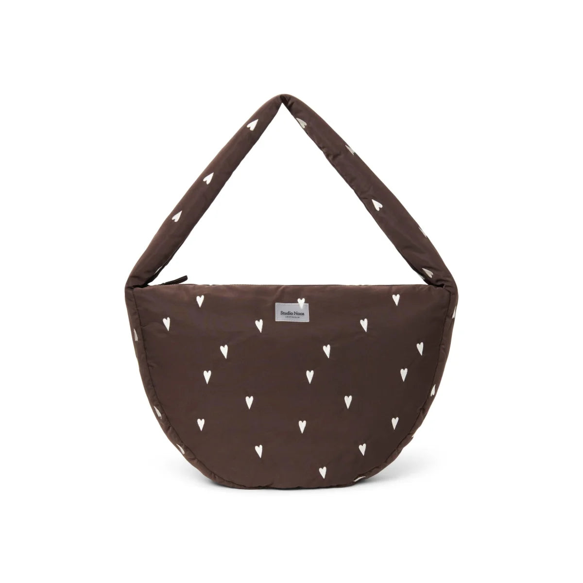 Braune herzgemusterte puffy cross body bag aus gestepptem stoff mit weicher, abgerundeter silhouette für ökologische baby- & kinderprodukte