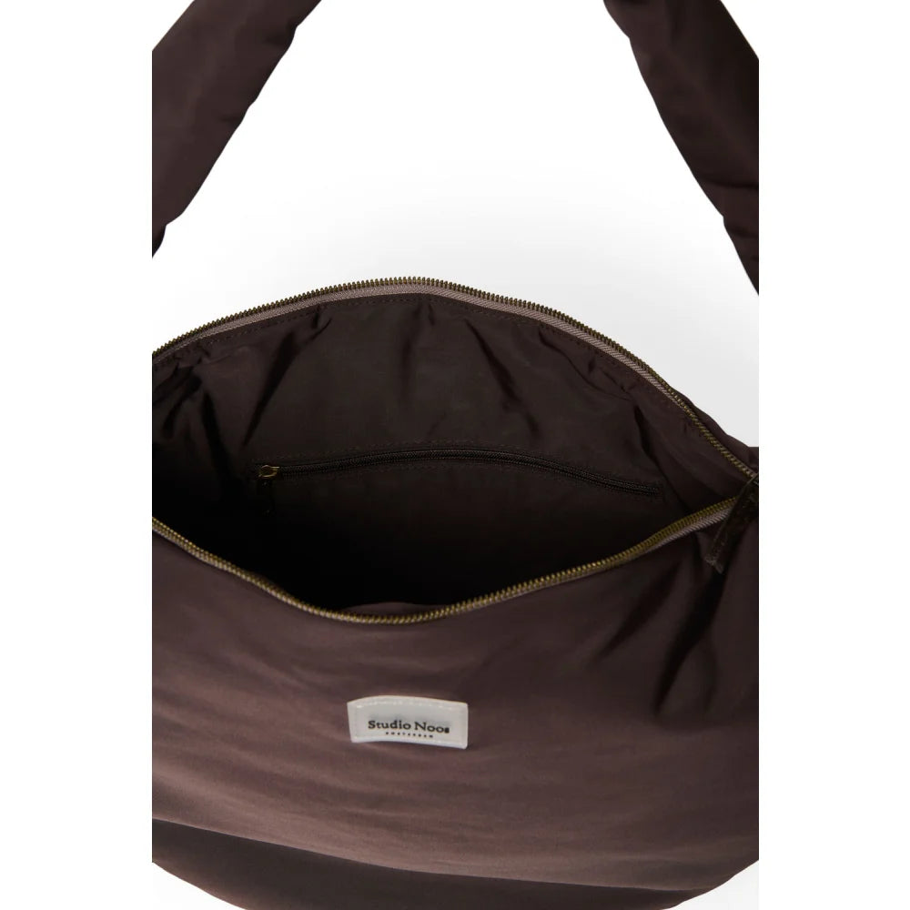 Dunkelbraune Nylon-Tasche mit Reißverschluss und Innentasche, Puffy Cross Body Bag