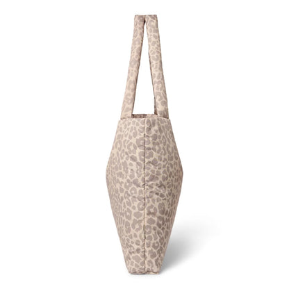 Puffy Mom Bag Beige Leopard: Beige Leopard-Print Puffer-Tasche mit gepolsterten Griffen