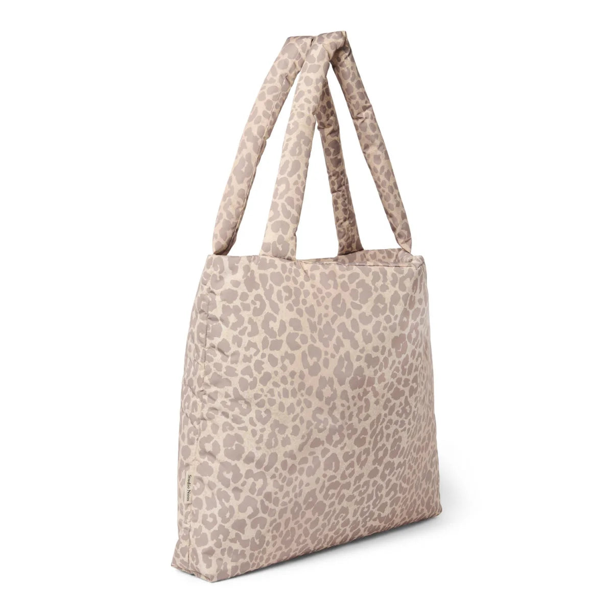 Puffy Mom Bag Beige Leopard: Beige Leopard-Print Tasche mit gepolsterten Griffen