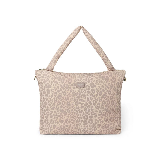 Puffy Mom Windelrucksack Beige Leopard Rückseite mit gepolsterten Griffen
