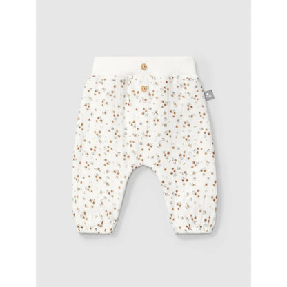 Weißes Baby-Bloomers mit kleinem Blumenmuster und Knopfdetails, ideal für Pull-up Muslin Pants Flower